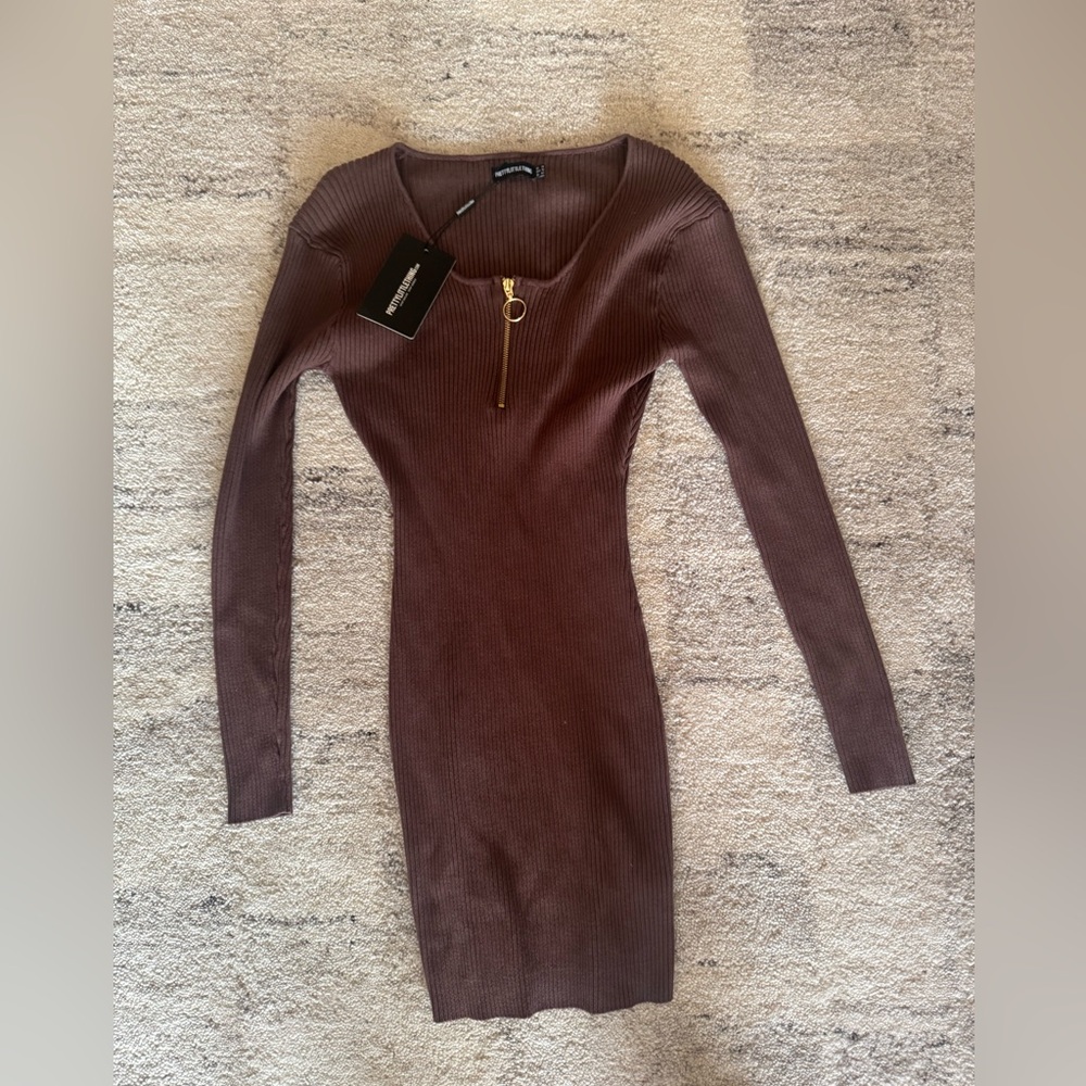 Brown Ribbed Long Sleeve Dress